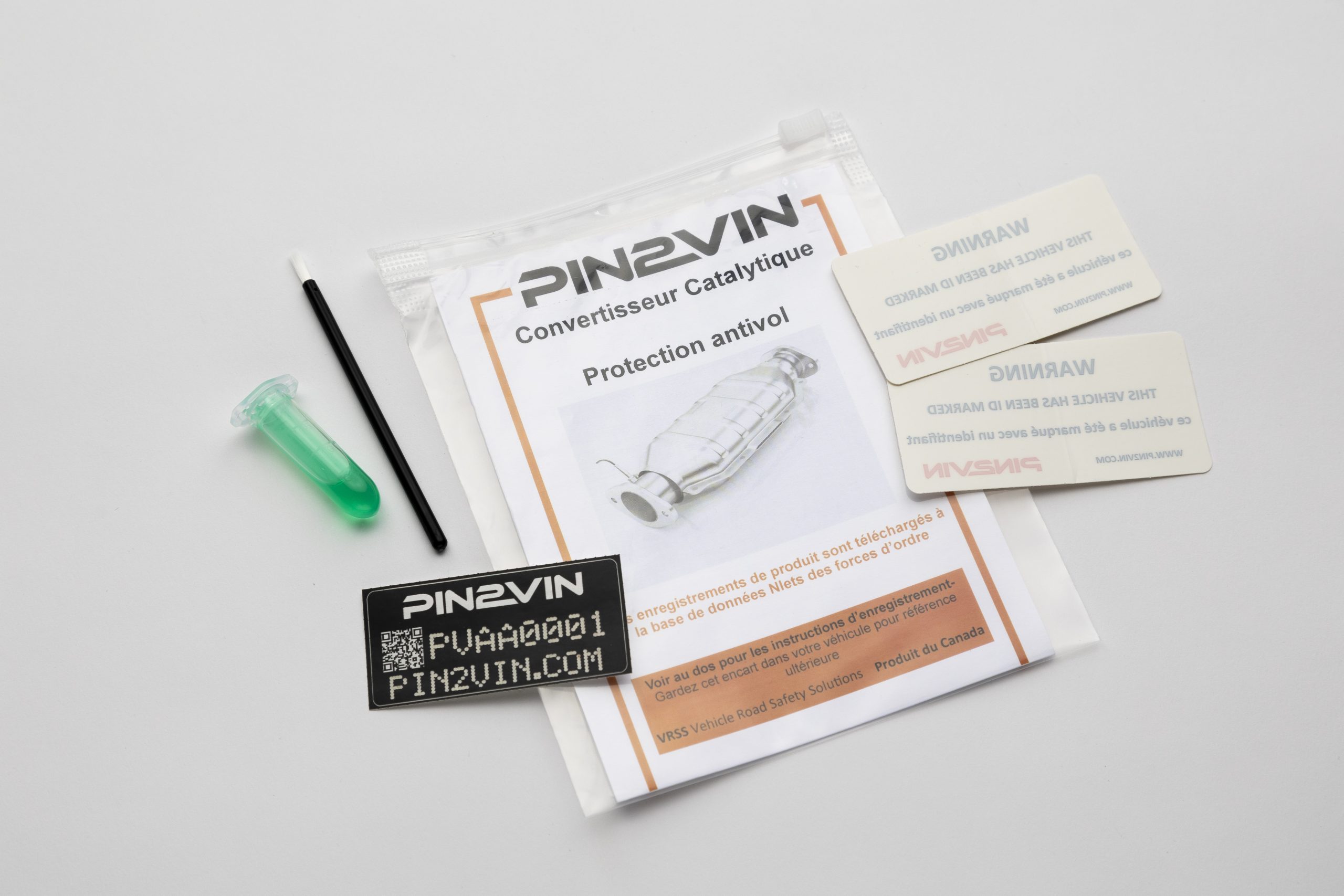 PVAA Individual Pack FRENCH Image of FRENCH PIN2VIN retail kit, Catalytic Converter Theft Prevention Kit, Pin2vin, Catetch, Catgaurd, catalytic security, theft deterrent, Catalytic protection, marking product, cat label, Catalytic Label, etching label, Catalytic marking product, vehicle marking, Metal marking kit, Catalytic safety product, Safeguard, metal marking kits, qr kits, vin multiplier, yourVIN, your vin, Vin duplicator, vehicle protection,